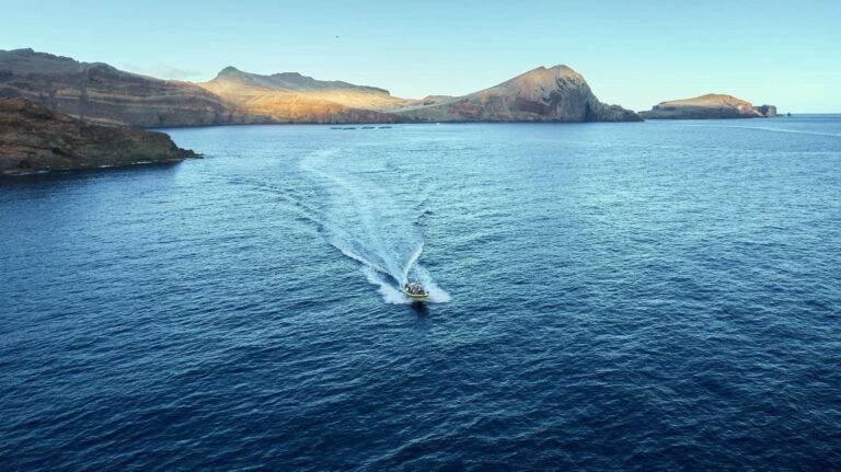 A boat leaves a white wake across blue waters off Ponta de São Lourenço's dramatic, sunlit volcanic cliffs and headlands, a boat tour experience by Madeira Sea Emotions.