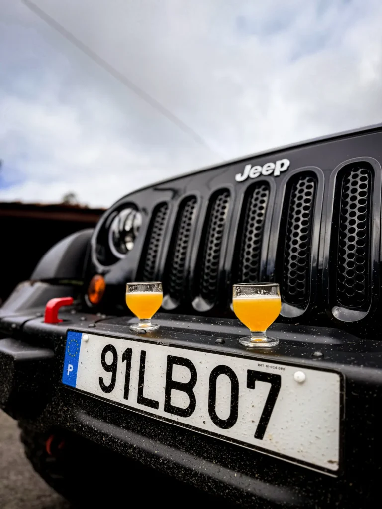 East vs. West Madeira: Which 4x4 Jeep Tour is Best? 15 Close-up of a black Jeep front grille and Portuguese license plate with two small glasses of poncharesting on the bumper against a cloudy sky background in East of Madeira. A Jeep tour experience by Sea La Vie Mountain Expedition.