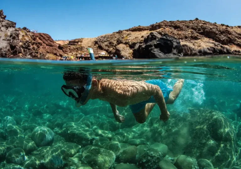 A man Snorkelling in the sea of Ponta de São Lourenço, an experience by Madeira Sea Emotions.