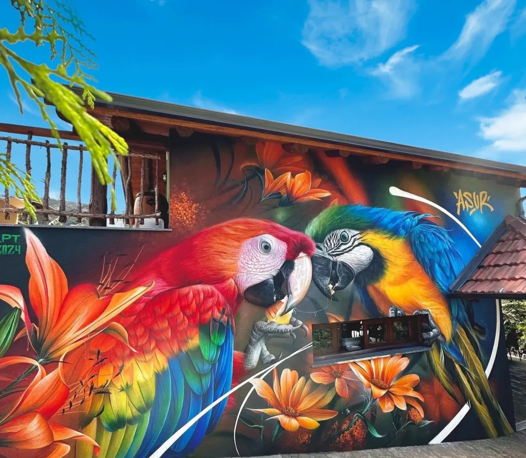 Two Blue and Red throated Macaws Mural at Ilha das Aves bird park.