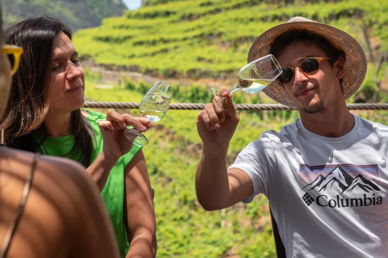 Smiling man and woman toasting white wine glasses with terraced vineyards behind, an experience by Wine Tours Madeira