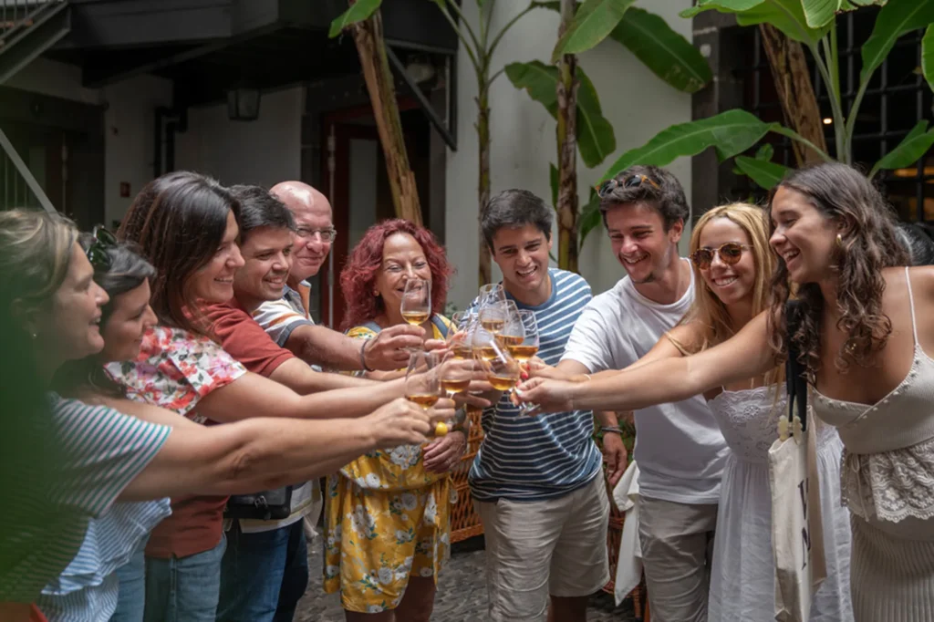 Group raising glasses for a Madeira wine toast in a courtyard during the Wine and Food Walking Tour in Funchal, an experience by Wine Tours Madeira.