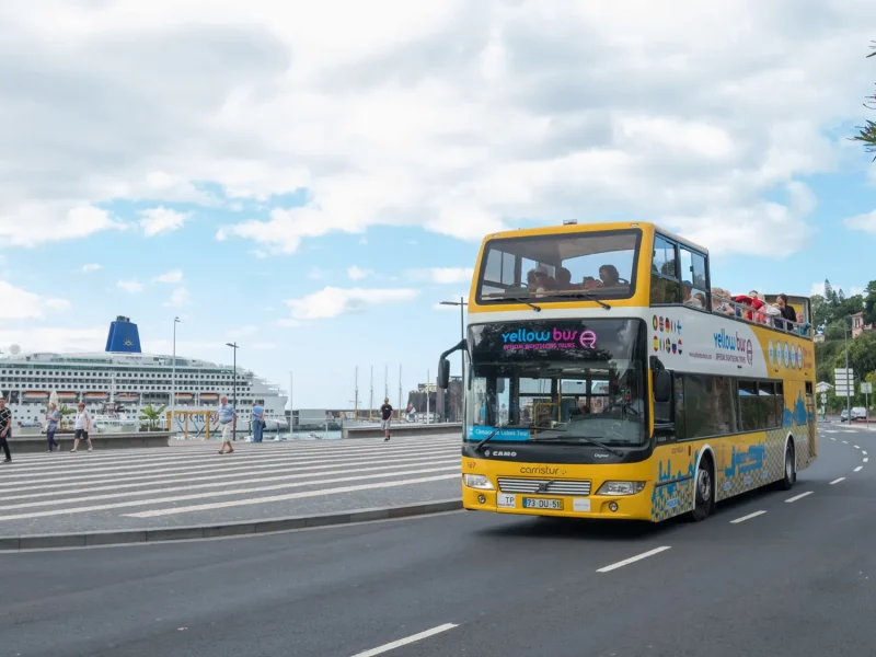 An Hop-on Hop-off Bus near Funchal marina with a cruise ship on the back, an experience by Carristur.