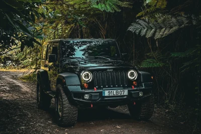 Black jeep rubicon with off-road tires parked on a narrow dirt trail surrounded by dense green foliage and ferns in madeira forest, creating a dramatic adventure-ready scene.A Jeep tour experience by Sea La Vie Mountain Expedition.