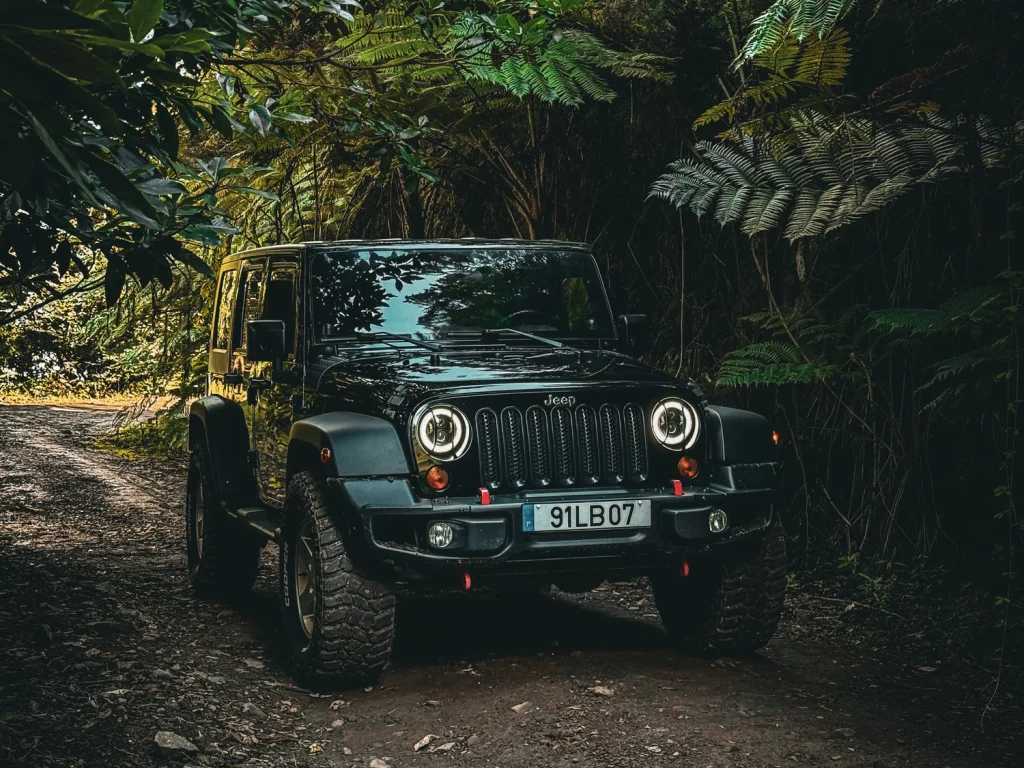 Black jeep rubicon with off-road tires parked on a narrow dirt trail surrounded by dense green foliage and ferns in madeira forest, creating a dramatic adventure-ready scene.A Jeep tour experience by Sea La Vie Mountain Expedition.