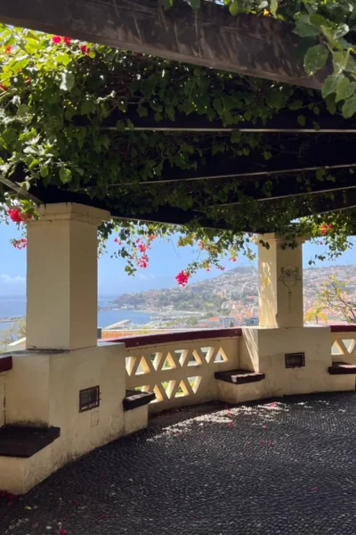 Viewpoint at Miradouro da Vila Guida with flowering vines and benches overlooking Funchal bay, one of the scenic stops on the Self-Guided E-Bike Road Tour From Funchal to Garajau, an experience by MADcycle.