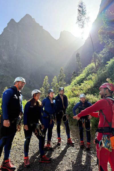 Group photo with their instructor at Ribeira do Cidrão before an Intermediate Level 2 canyoning adventure with Go Explore Madeira.