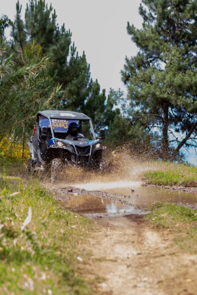 A Let’s Buggy off-road vehicle speeds along a puddle of dirt water track lined with lush green ferns and bright yellow broom flowers, during a Let's Buggy's Trail Thrill experience in Madeira.