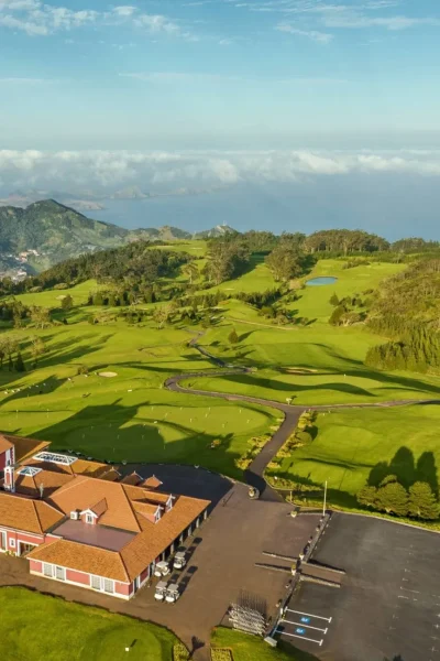 Aerial view of the the clubhouse and the Santo da Serra Golf course in Madeira Island