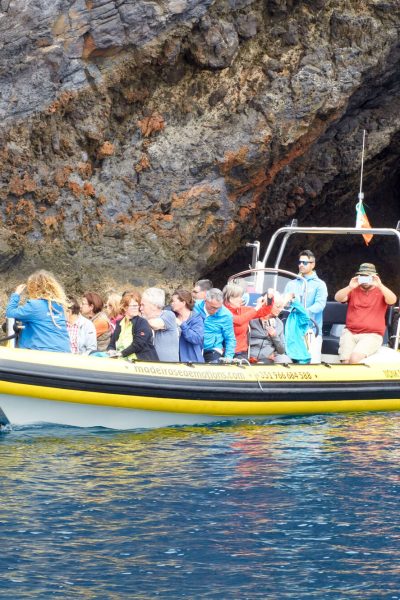 A yellow Madeira Sea Emotions RIB boat with passengers and a guide in orange cruises past red volcanic cliffs at Ponta de São Lourenço, kicking up a wake in the blue waters.