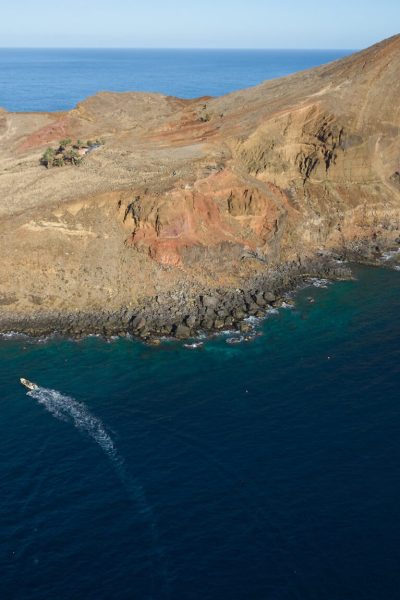 A boat leaves a white wake across blue waters off Ponta de São Lourenço's dramatic, sunlit volcanic cliffs and headlands, a boat tour experience by Madeira Sea Emotions.