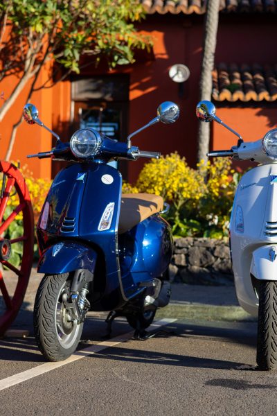 Two Vespa scooters,a blue one and a white one by Vespa Madeira Scooter Rent parked beside a traditional red-wheeled cart, surrounded by lush tropical plants and flowers in Madeira.