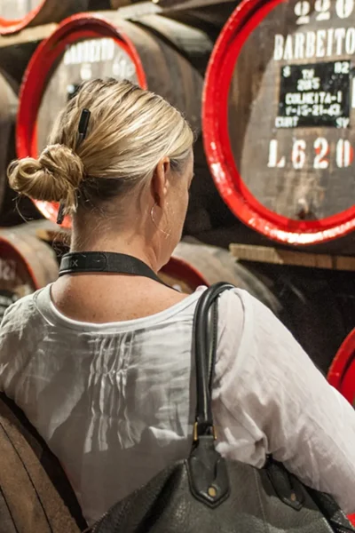 Woman admiring rows of labeled red-rimmed Madeira wine barrels in cellar, an experience by Wine Tours Madeira