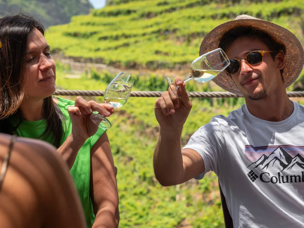 Smiling man and woman toasting white wine glasses with terraced vineyards behind, an experience by Wine Tours Madeira
