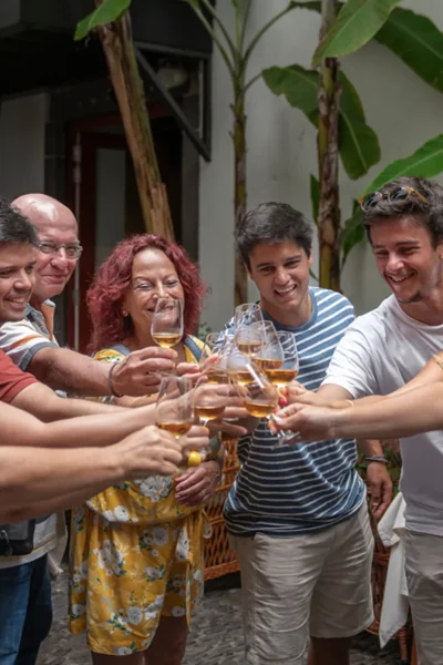 Group raising glasses for a Madeira wine toast in a courtyard during the Wine and Food Walking Tour in Funchal, an experience by Wine Tours Madeira.