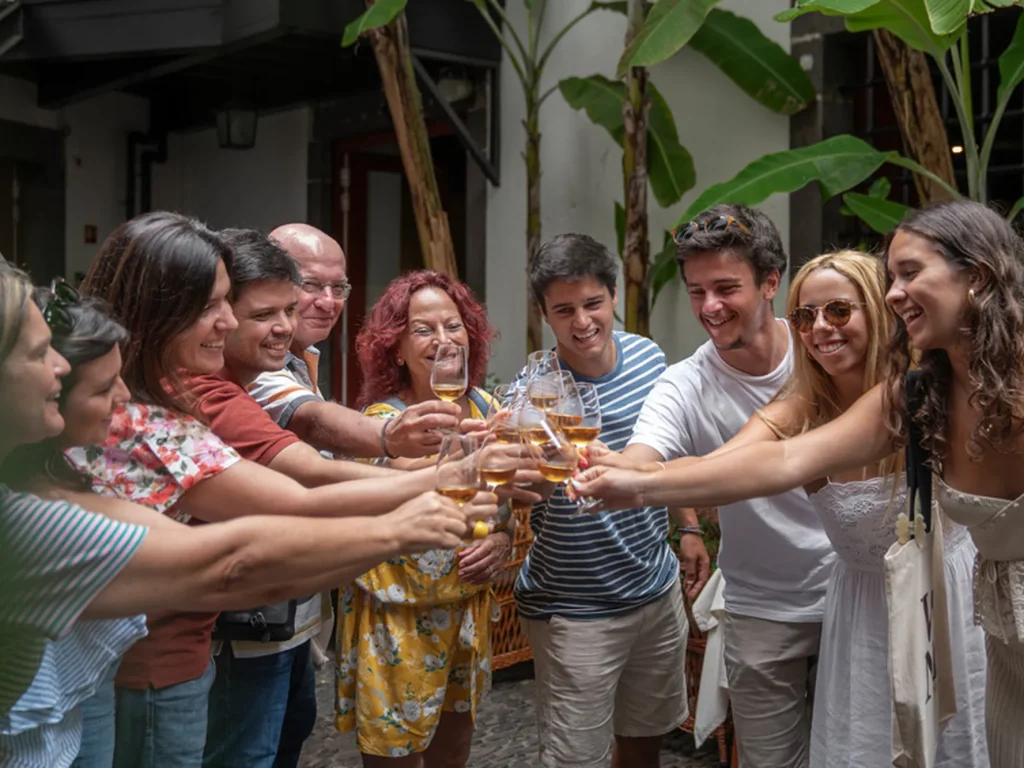 Group raising glasses for a Madeira wine toast in a courtyard during the Wine and Food Walking Tour in Funchal, an experience by Wine Tours Madeira.