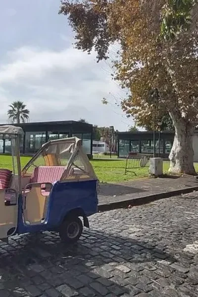 Blue tuk tuk with striped seats parked on a cobbled Funchal street lined with plane trees, cable car cabin overhead